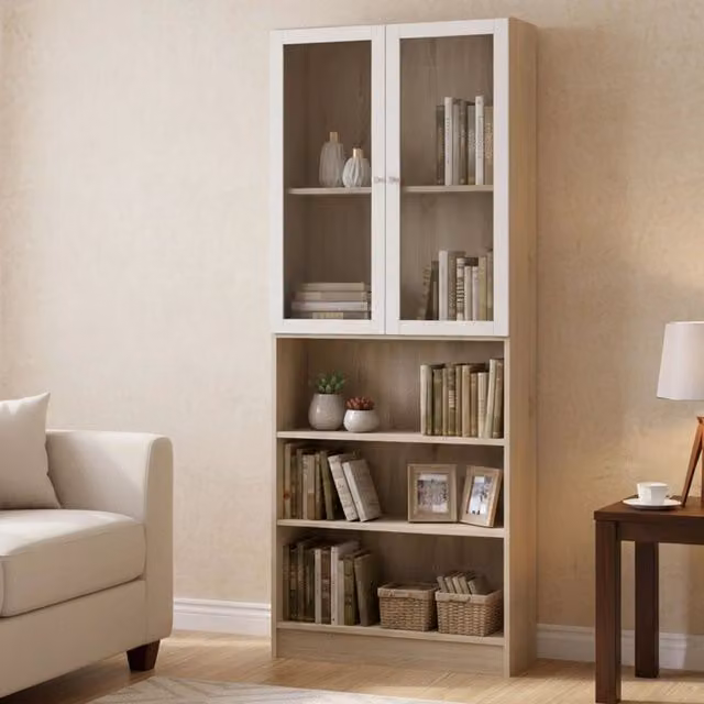 Libreria Chedeng DMORA, Scaffale Moderno per Ufficio e Soggiorno, Colore Quercia e Bianco, L: 79 cm, P: 28,3 cm, H: 203,2 cm