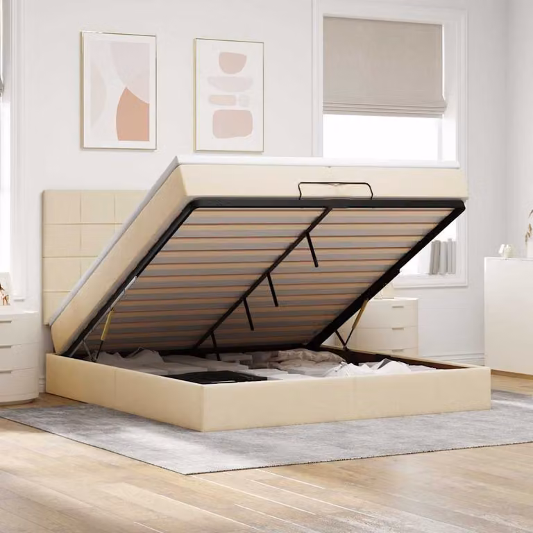 Letto con contenitore a sollevamento vidaXL in tessuto beige e bianco con materasso, L: 200 cm, P: 200 cm, H: 280 cm