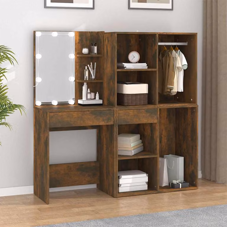 vidaXL Toeletta Hollywood con LED e Armadietti in Legno Multistrato Marrone L: 140 cm, P: 40 cm, H: 60 cm