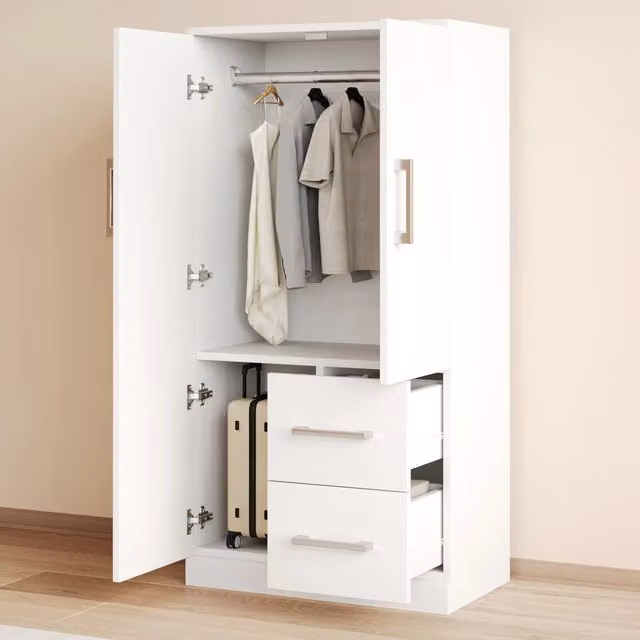 Armadio moderno in legno bianco per bambini e ragazzi con doppie ante e cassetti integrati L/P/H: 70 x 40 x 135 cm
