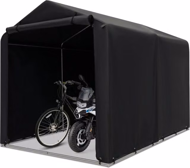 Capanno di stoccaggio Design Mania per biciclette e motociclette con porta a rullo, Grigio scuro e Nero, L/P/H: 160 x 218 x 164 cm