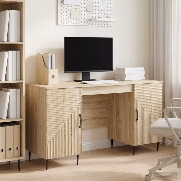 Scrivania moderna vidaXL in legno ingegnerizzato color rovere, L: 142,5 cm, P: 50 cm, H: 75 cm