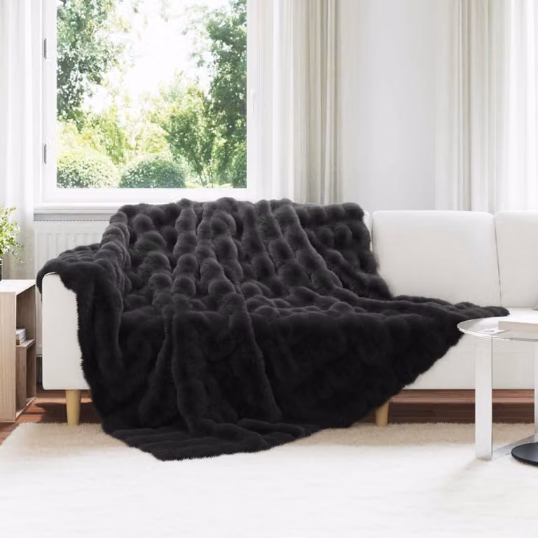 Set di 4 copertine antiscivolo vidaXL Olite in finta pelliccia di coniglio, Nero, L/P: 240 x 220 cm