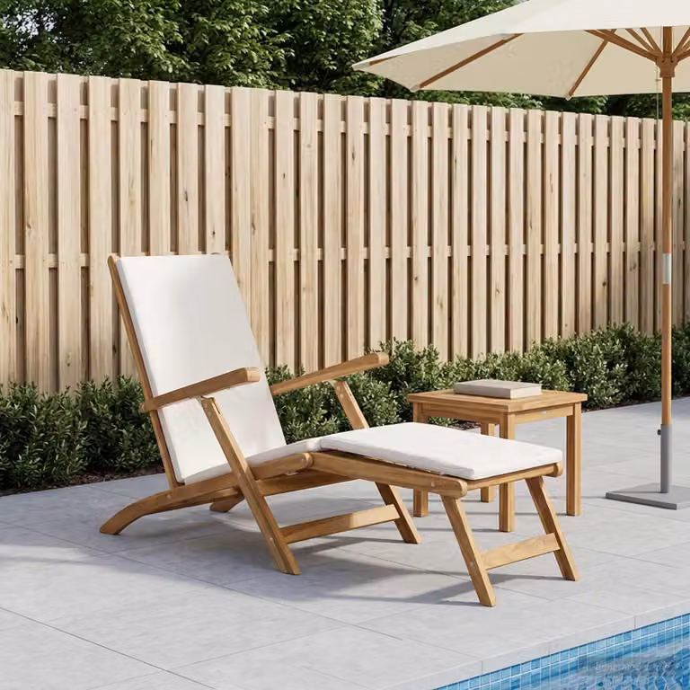 Sedia a sdraio pieghevole vidaXL in legno di teak con cuscino bianco e marrone per giardino e terrazzo
