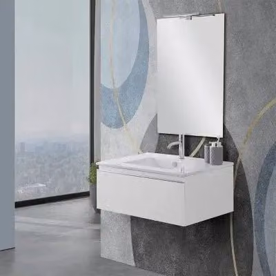 Mobile sospeso da bagno Iside bianco lucido con lavabo a incasso e specchio, larghezza: 80 cm