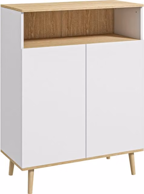Credenza Scandinava HOMCOM con 2 Ante e Ripiano Regolabile, Gambe in Legno di Pino, Bianco e Rovere, L: 80 cm, P: 38 cm, H: 102 cm