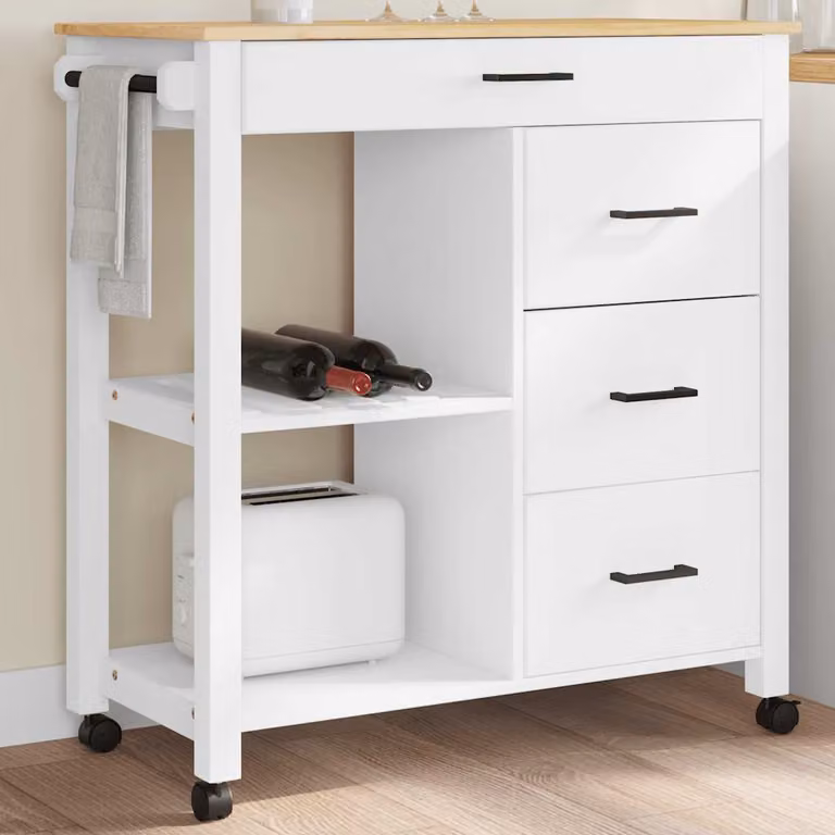 vidaXL Carrello da Cucina MONZA in Legno Massello di Pino Bianco, L/P/H: 84 x 40 x 88,5 cm