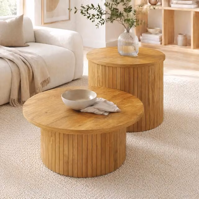 Set di tavolini da salotto rotondi MODFU in MDF effetto legno naturale marrone con piani incastrabili, L/P/H: 75 x 75 x 36 cm e 50 x 50 x 50,5 cm