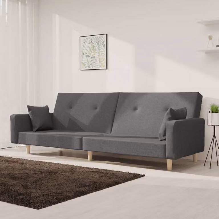 vidaXL Divano Letto Click-Clack a 2 Posti in Tessuto Grigio con 2 Cuscini e Struttura in Legno Massello