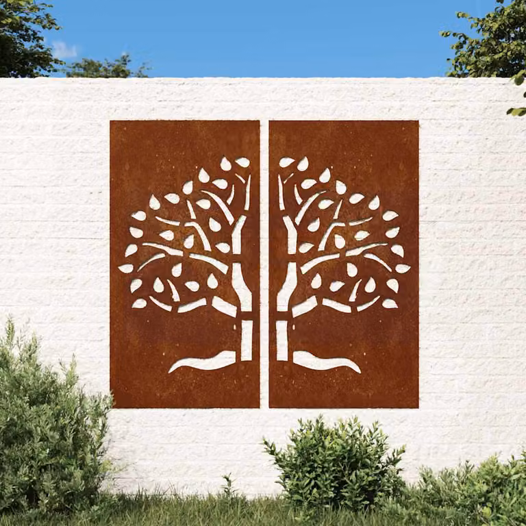 Set di 2 decorazioni da muro per giardino vidaXL con motivo ad albero in acciaio corten color marrone, H: 105 cm, L: 55 cm