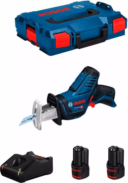 Sega Universale Bosch GSA 12V-14 con 2 batterie da 3,0 Ah, caricabatterie GAL12V-40 e L-Boxx 102, Blu