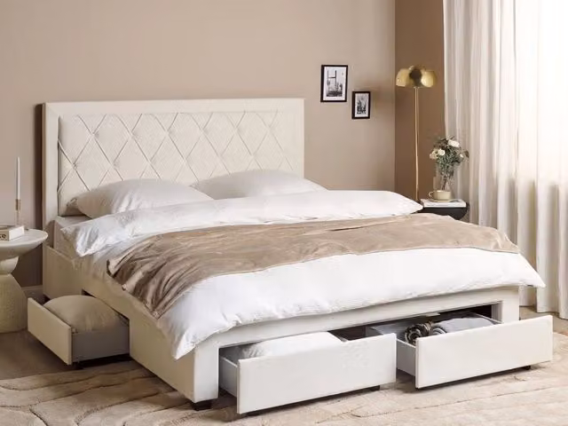 Letto matrimoniale con contenitore e cassetti in velluto beige BELIANI L/P/H: 180 x 200 x 122 cm