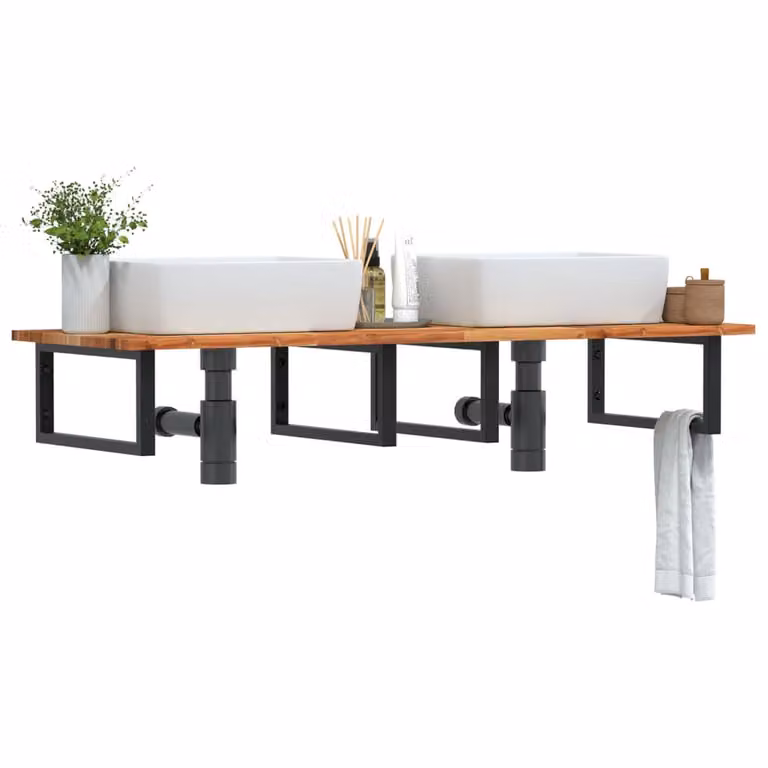Ripiano a parete per lavabo vidaXL in legno di acacia oliato e metallo nero e marrone