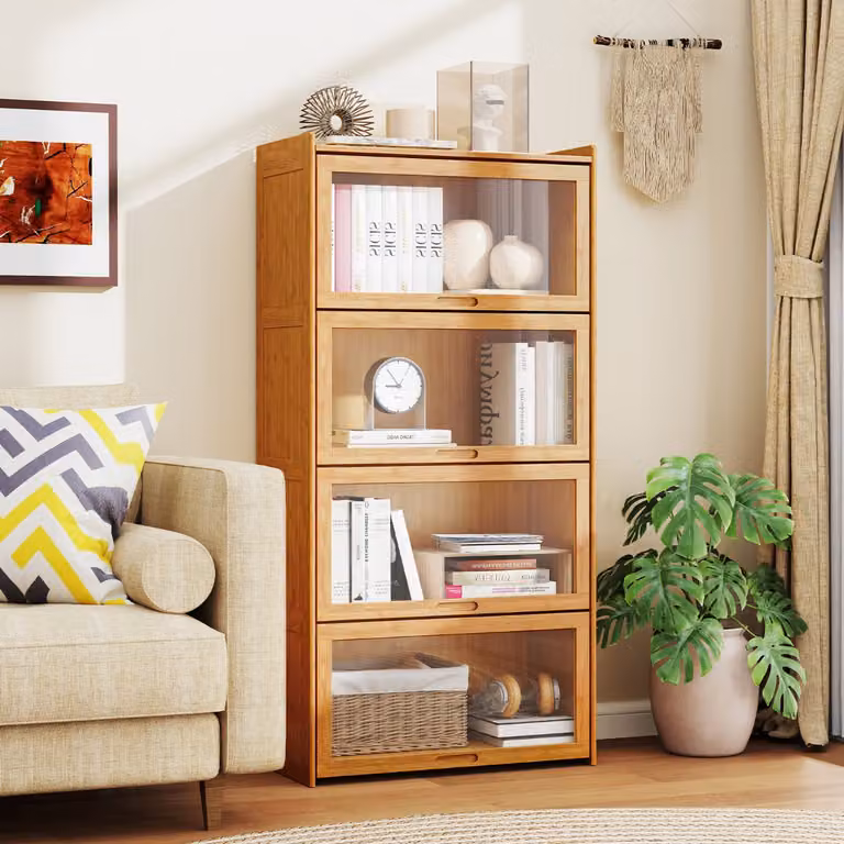 Libreria Costway in bambù con 4 ripiani e ante in acrilico trasparente, colore naturale per studio e soggiorno, Altezza: 140 cm