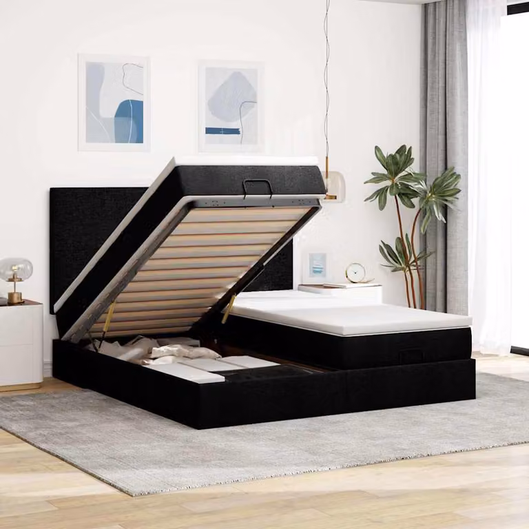 Letto con contenitore e pouf vidaXL in tessuto nero con base a sollevamento, illuminazione sottostante e porta USB, L/P/H: 180 x 200 x 128 cm