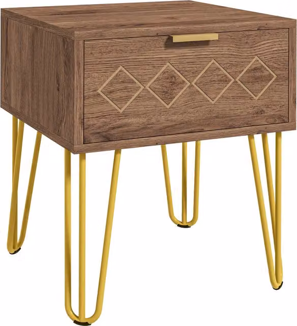 Set di 2 comodini moderni HOMCOM in MDF e metallo con cassetto, colore marrone e oro, L 39,5 cm x P 41 cm x H 49 cm