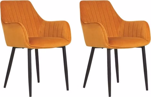 Set di 2 sedie da pranzo Beliani con braccioli in velluto arancione e gambe in metallo nero stile Retro Glam