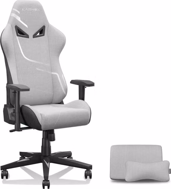 Sedia da gaming Karnox ergonomica in tessuto grigio per adulti con schienale alto, poggiatesta e base girevole a 360 gradi