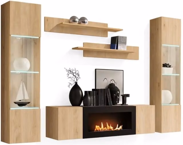 Composizione murale FLY Meublorama in Rovere chiaro con vetrine LED, scaffali e mobile TV con camino bio-etanolo, L: 260 cm, H: 170 cm, P: 40 cm