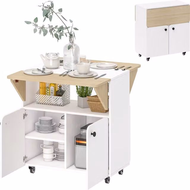 Tavolo pieghevole mobile HOMCOM con due piani e vano portaoggetti, Bianco e Naturale, L: 83 cm, P: 70 cm, H: 75 cm
