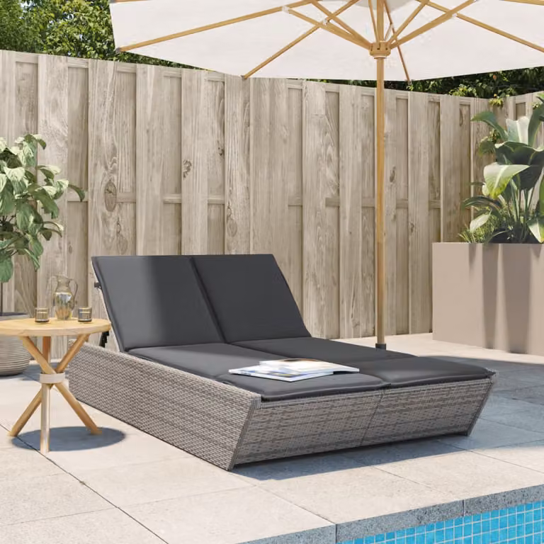 vidaXL Lettino Prendisole Doppio in Polyrattan Grigio con Cuscini e Poggiatesta Regolabile