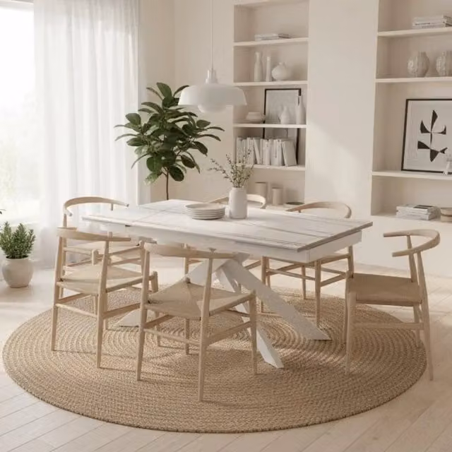 Tavolo da pranzo rettangolare allungabile Nexus Duzzle in ceramica bianca effetto marmo, L/P: 140-200 x 80 cm