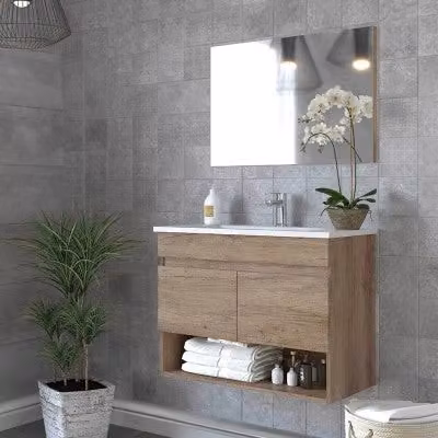 Mobile bagno sospeso Inbagno serie Oasi in rovere con lavabo in ceramica e 2 ante, L: 80 cm, P: 45 cm, H: 64 cm