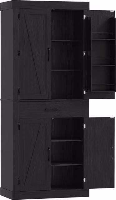 Dispensa da cucina HOMCOM in stile country con 2 armadietti, 6 ripiani e cassetto, in legno, Nero, L: 76 cm, P: 39.5 cm, H: 183.5 cm