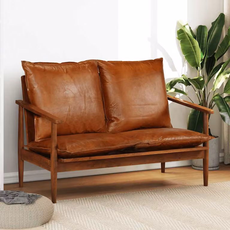 vidaXL Divano a 2 Posti in Vera Pelle Marrone con Struttura in Legno di Acacia in Stile Mid-Century L: 116 cm, P: 69 cm, H: 74 cm