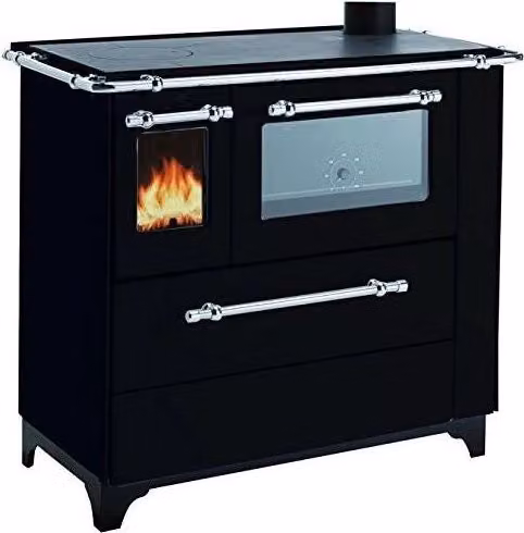 Cucina a Legna Palazzetti Royal Betty con 4,5 Focolare Rettangolare, Forno in Inox e Piano in Acciaio Inox, 6,5 kW, colore Nero, L/P/H: 85 x 90 x 60 cm