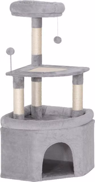 Albero tiragraffi per gatti Aosom con palo in sisal, piattaforma e rifugio, Grigio chiaro, L 49 x P 49 x H 114 cm