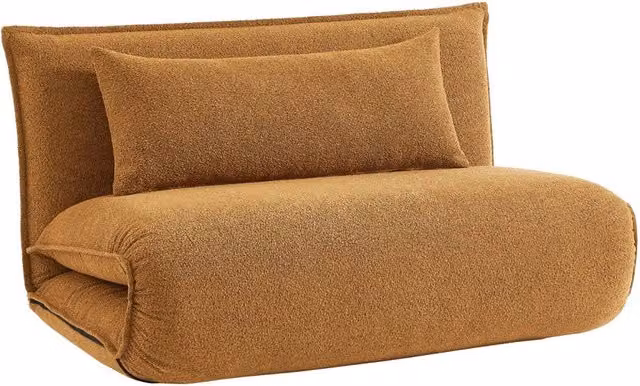 Poltrona letto convertibile Sweeek in tessuto bouclé giallo per adulti, design moderno con struttura in metallo, L/P/H: 120 x 80 x 66 cm