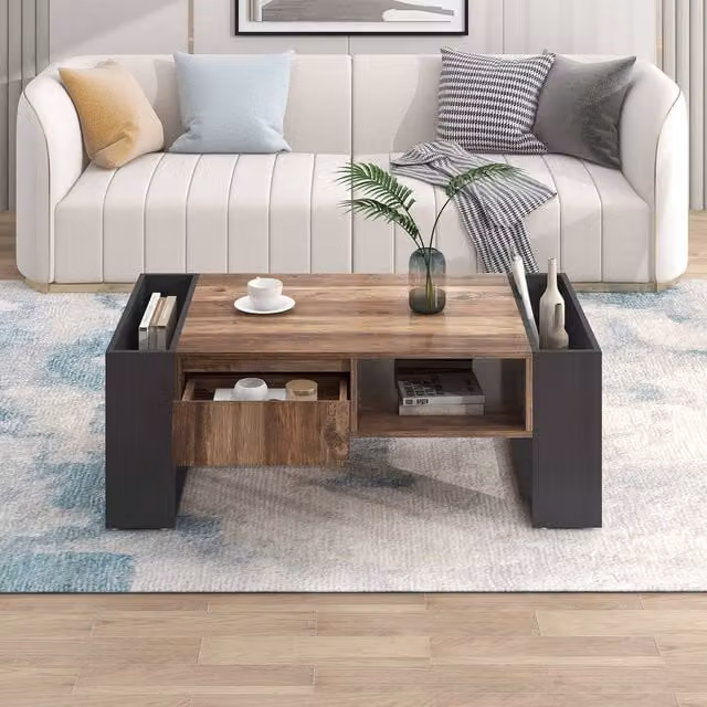 Tavolino da salotto moderno Aosom Italy in legno con cassetto e 3 scomparti, nero e color legno, L: 60 cm, P: 60 cm, H: 40 cm