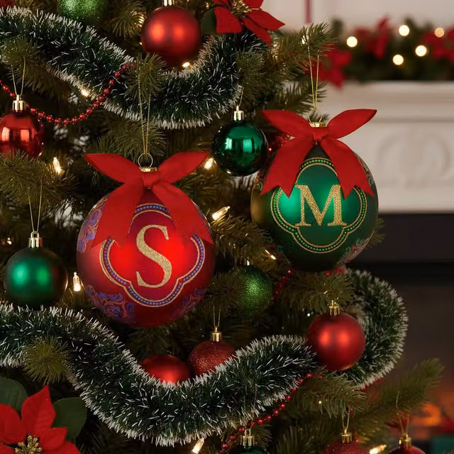 Pallina di Natale con lettera S KASANOVA, decorazione in vetro rossa e oro, diametro 10 cm