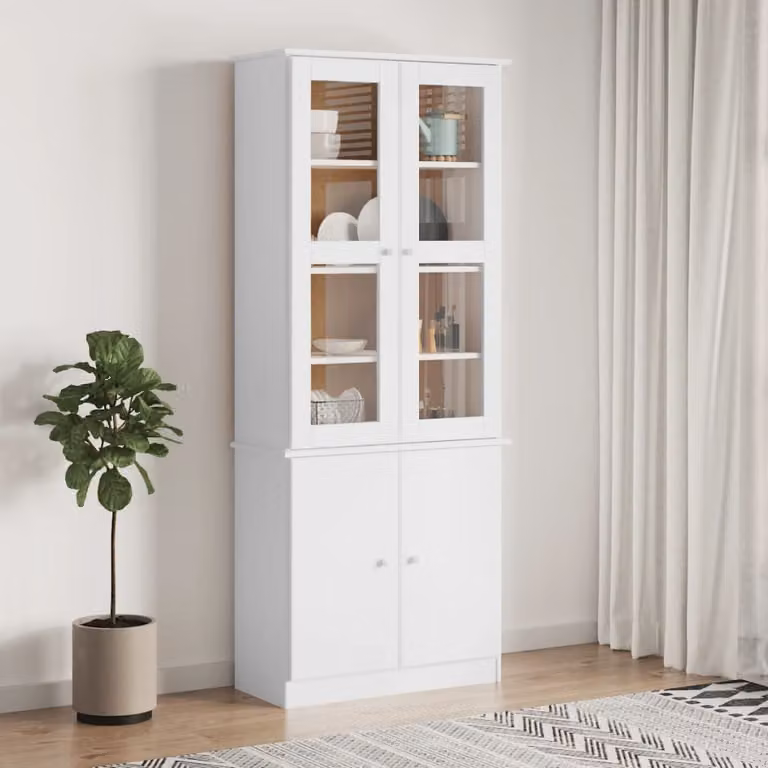 Vetrina alta vidaXL in legno massello di pino bianco con ante in vetro e stile rustico L/P/H: 77 x 35 x 186,5 cm