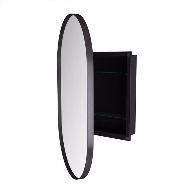 Armadio a specchio ovale B&F da parete con funzione anti-appannamento, Nero, H 85 cm x L 51,5 cm x P 12 cm