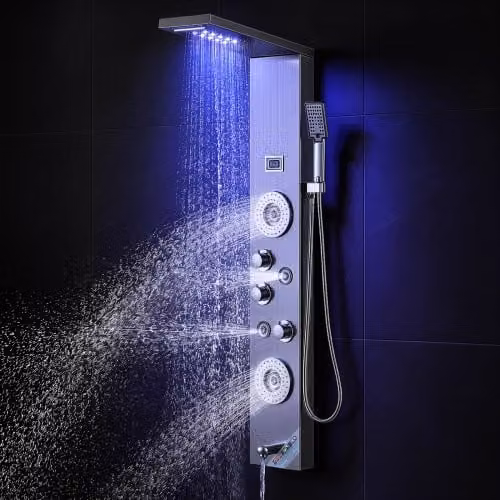 Set Doccia a Parete VEVOR in Acciaio Inox Spazzolato Argento con Pannello Doccia Torre, 6 Modalità, LED e Display, Soffione a Mano e Funzioni Pioggia e Massaggio