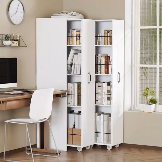 Libreria Minimal con 4 Ripiani e Rotelle in MDF e Metallo, Bianca, per Soggiorno, Cucina o Bagno, L/P/H: 41 x 20 x 158 cm