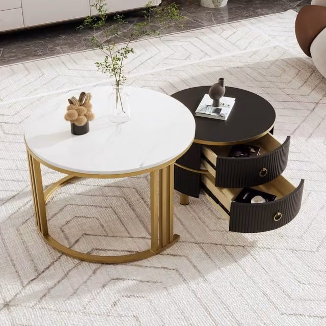 Set di tavolini bassi rotondi impilabili OKWISH con piano lucido effetto marmo nero e 2 cassetti per soggiorno moderno