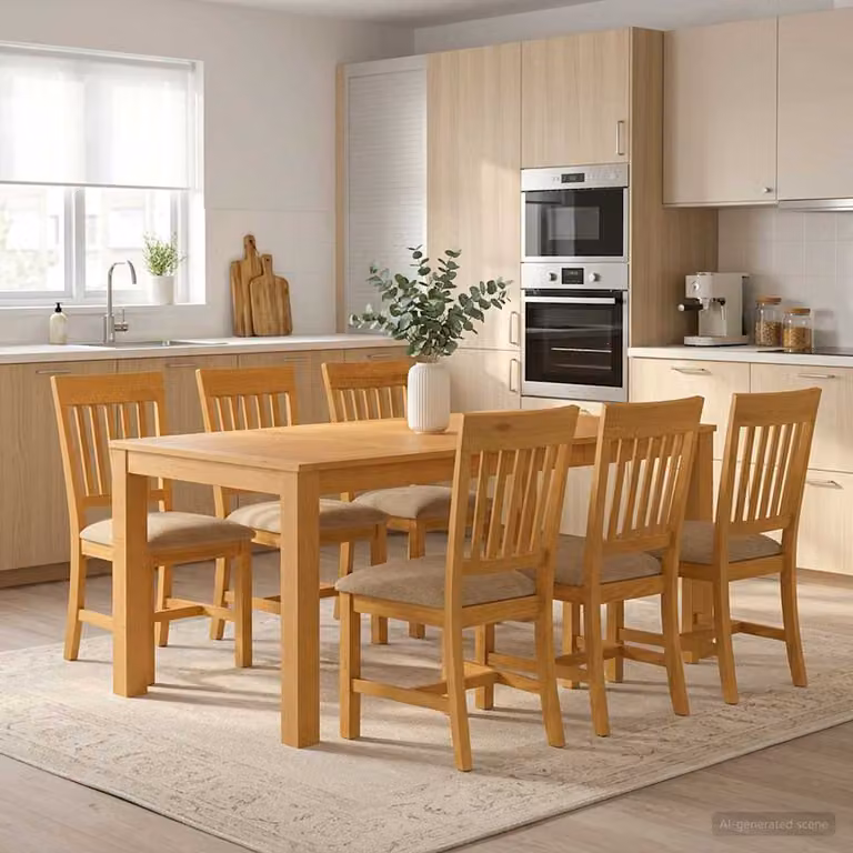 Set da pranzo moderno vidaXL in legno di quercia massello beige composto da 7 pezzi con tavolo rettangolare L: 200 cm, P: 110 cm, H: 75 cm