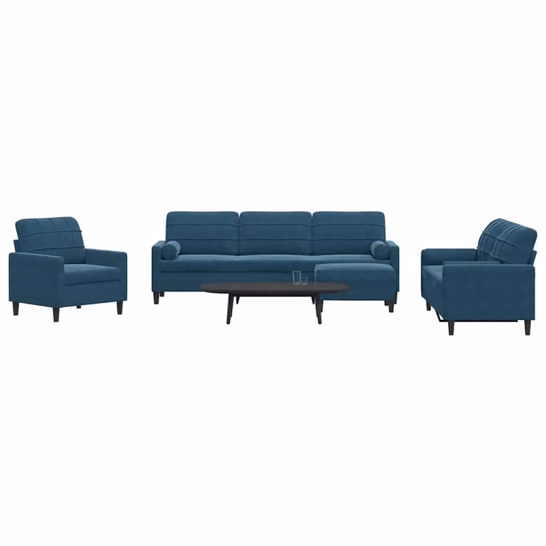 Set di divani moderno vidaXL in velluto blu composto da un divano a 3 posti, un divano a 2 posti, un pouf e cuscini con struttura in metallo e imbottitura in schiuma