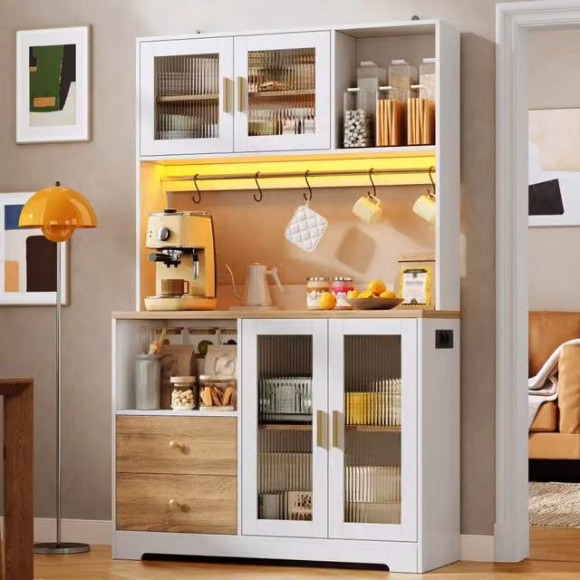 Credenza alta WISHDOR per cucina e soggiorno, bianco opaco con ante in vetro temperato e illuminazione LED integrata, L: 110 cm, P: 40 cm, H: 178 cm