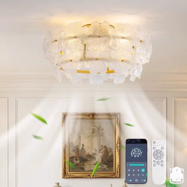 Ventilatore da soffitto MINIMAL con cupola in vetro cristallo, pale in ABS e motore CC silenzioso, controllo tramite app e telecomando, colore oro/ottone e trasparente
