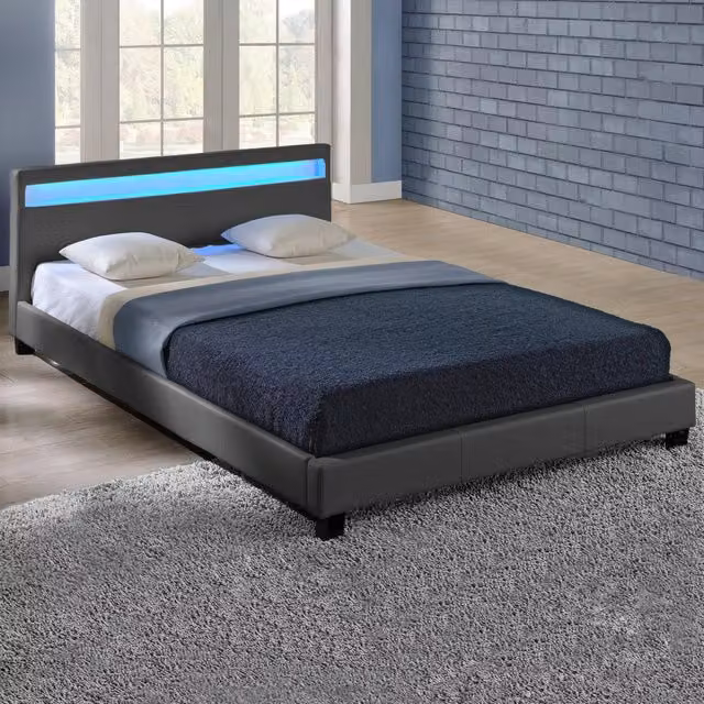 Letto Matrimoniale Imbottito Corium con Testiera Alta, Illuminazione a LED e Cassetti, Similpelle Grigio Scuro, L/P: 180 x 200 cm