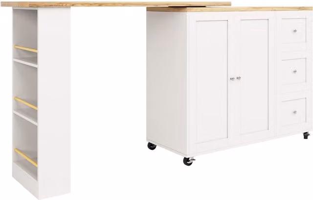 Isola da cucina estraibile girevole a 360 con 3 cassetti, 2 ante e ripiano laterale per snack, Bianco, L: 135-203 cm, P: 39 cm, H: 106 cm