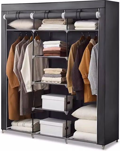 Armadio portaoggetti Avilia Home con telo di copertura, 9 ripiani e asta appendiabiti, nero, L 150 cm x P 45 cm x H 175 cm