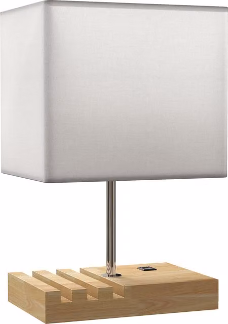 Lampada da Tavolo HOMCOM con Porte USB-A/C e Supporto per Telefoni, Base in Legno e Paralume in Tessuto Bianco