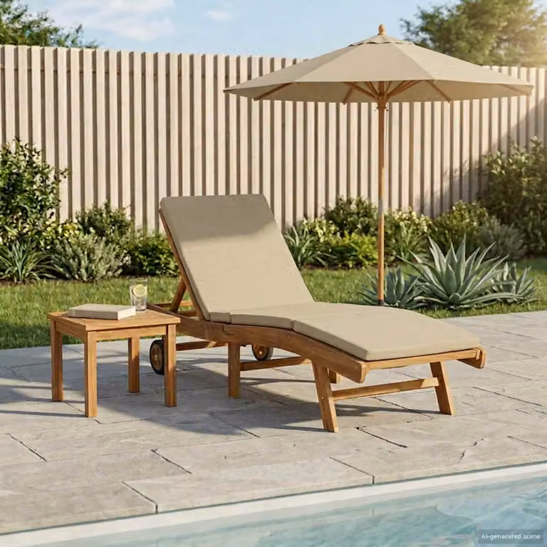 vidaXL Lettino da sole in legno di teak con tessuto in poliestere marrone e beige e poggiatesta regolabile