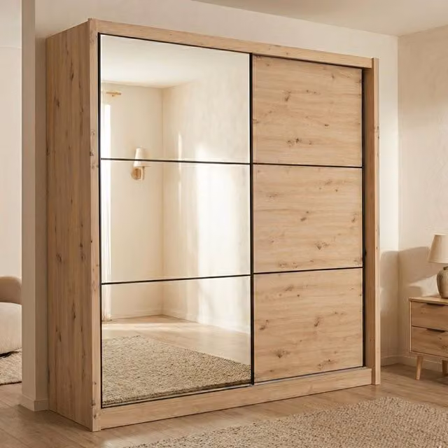 Armadio da camera da letto Pelago DMORA con ante scorrevoli e specchio, Marrone Rovere Nodi, L: 213 cm, H: 215.5 cm