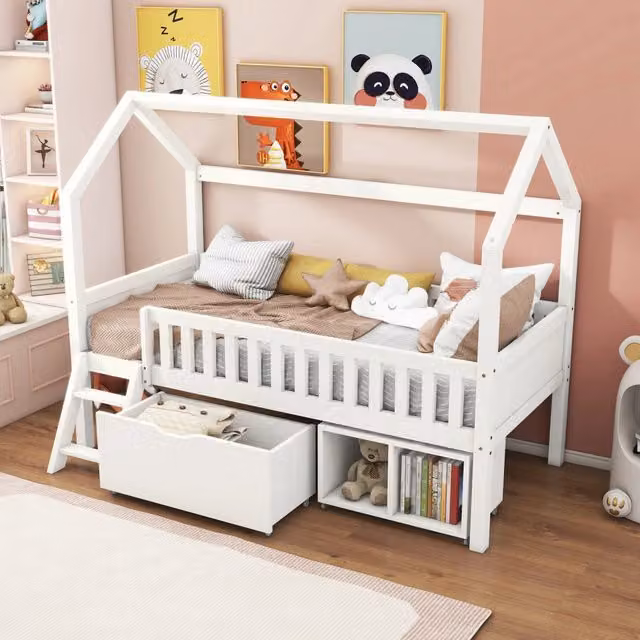 Letto a casetta Mivray per bambini in legno di pino bianco con cassetti e sponde laterali L/P/H: 205 x 90 x 161.5 cm
